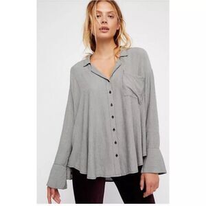 Free People Magic Breeze Button Up Oversized Top, Sz XS, Black/Gray, Bell Sleeve